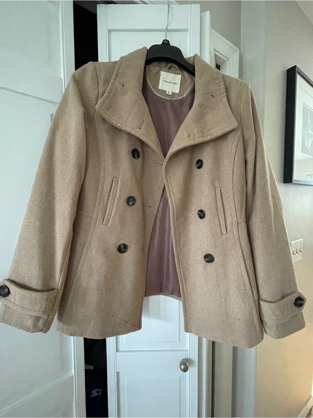 Thread & Supply Taupe Double-Breasted Pea Coat